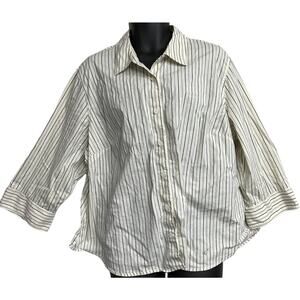 Style Co Women Button Up Shirt Plus 22W Off White Brown Striped Cotton Nylon Y2K